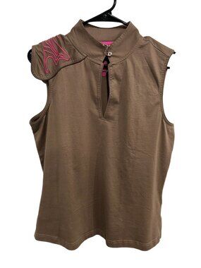 Jamie Sadock Women's Size Large Brown Sleeveless Golf Polo Shirt Pink Embroidery